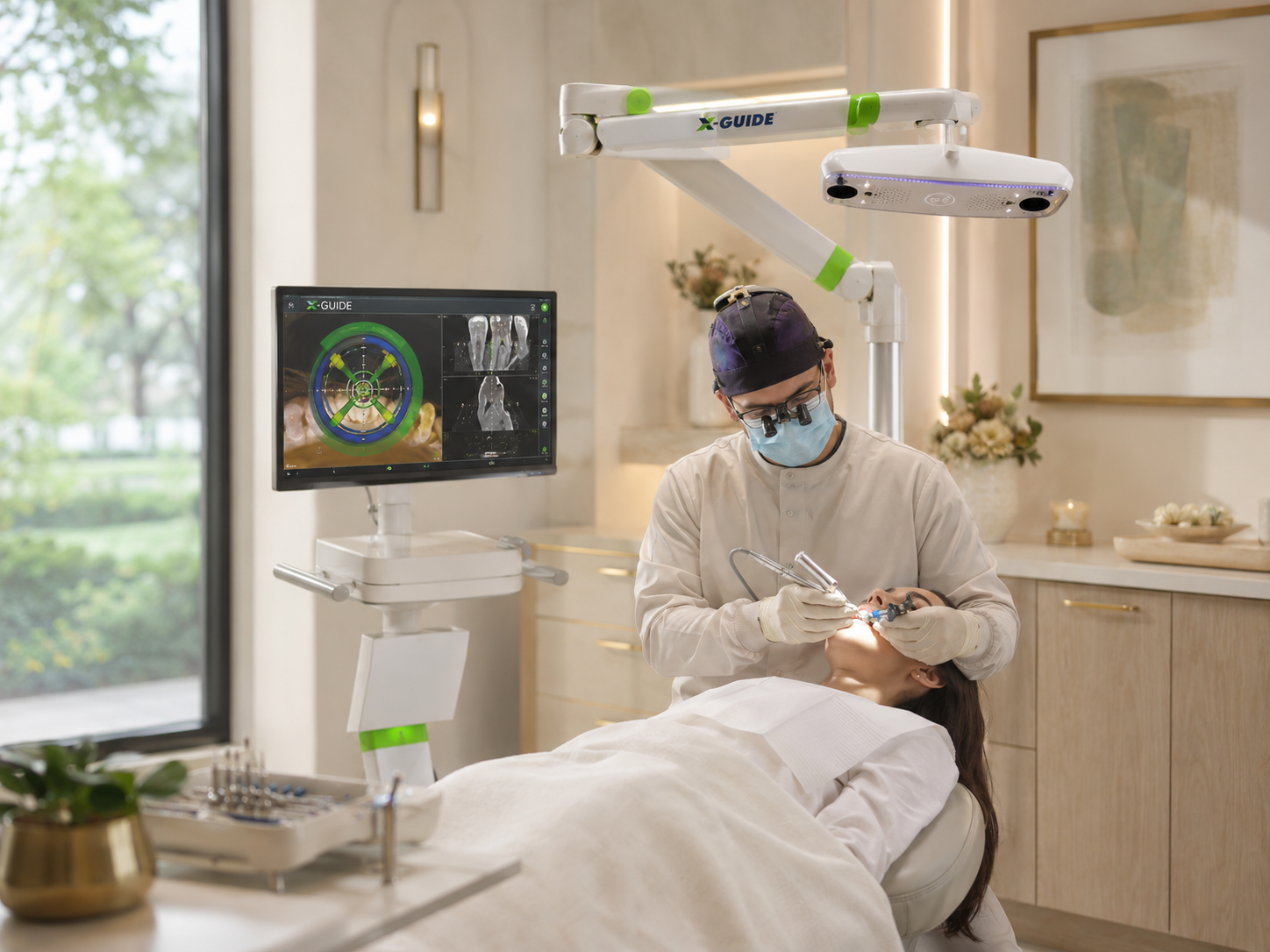 Dentist using guided implant planning technology during a calm dental implant visit